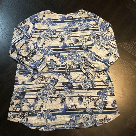 IB Diffusion Womens Long Sleeve Shirt Blue Floral - Picture 1 of 5